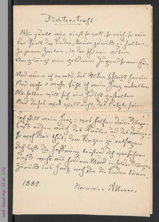 Gedicht von Hermann Allmers für Amalie Wertheim, hs.