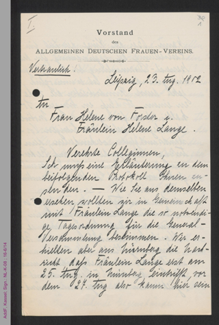 Brief von Henriette Goldschmidt an Helene von Forster und Helene Lange