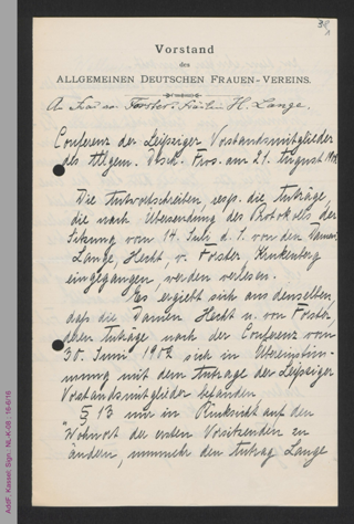 Brief von Henriette Goldschmidt an Helene von Forster und Helene Lange