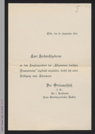 Allgemeiner Deutscher Frauentag am 27. - 30. September 1903 in Köln - Einladung, Ehrenkarte, Mitgliedkarte
