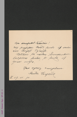 Briefkarte von Frida Soyaux-Schanz, vermutl. an Anna Plothow, hs.
