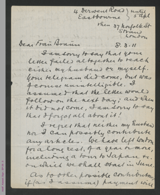 Brief des Sekretärs im Namen von Beatrice Webb an Lily Braun, hs