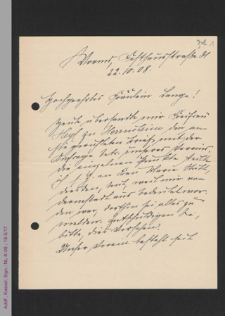 Brief von L[ina] Thomae an Helene Lange