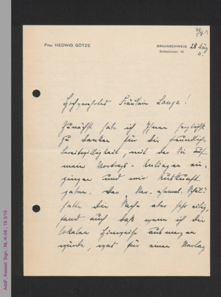 Brief von Hedwig Götze an Helene Lange