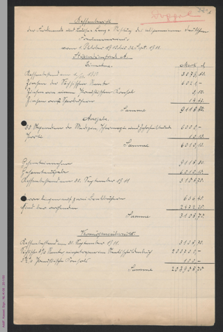 Kassenbericht der Ferdinand und Luise Lenz-Stiftung des ADF vom 01.10.1910 bis 30.09.1911