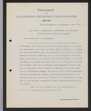 Brief von Helene Lange an Elise von Hopfgarten