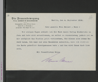 Brief von Minna Cauer an Grete Meisel-Hess, ms. mit Unterschrift