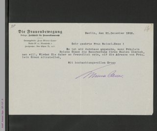 Brief von Minna Cauer an Grete Meisel-Hess, ms. mit Unterschrift