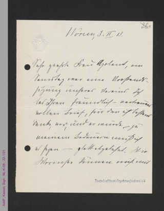 Brief von L[ina] Thomae an Jenny Apolant