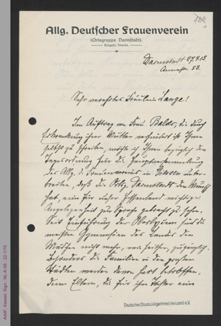 Brief von Lise Ramspeck an Helene Lange