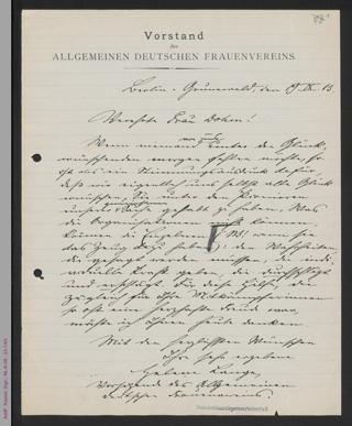 Brief von Helene Lange an Hedwig Dohm