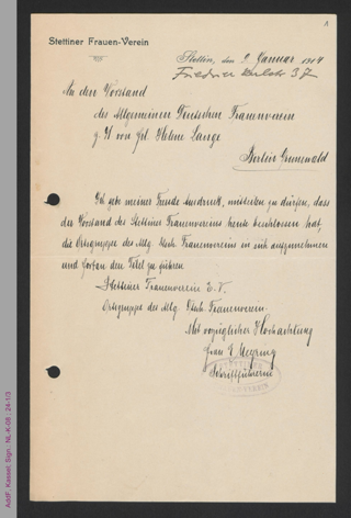 Brief des Stettiner Frauenvereins an den Vorstand des ADF, z.H. Helene Lange