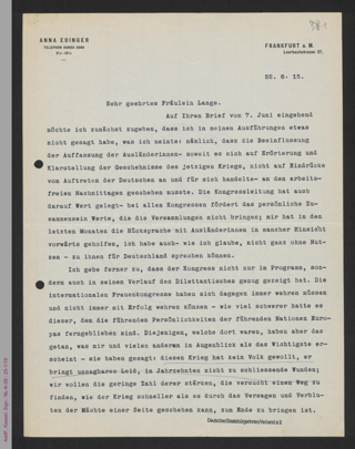 Brief von Anna Edinger an Helene Lange