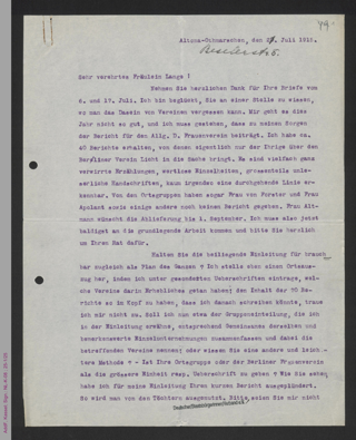 Brief von Helene Bonfort an Helene Lange
