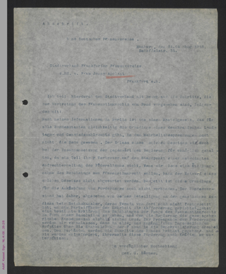 Abschrift Brief des BDF an den Stadtverband Frankfurter Frauenvereine z. H. Jenny Apolant