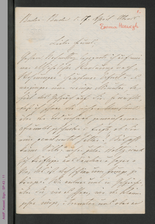 Brief von Emma Herwegh an Victor Puhonny, hs.