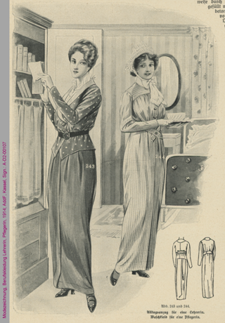 Modezeichnung, Berufskleidung Lehrerin, Pflegerin, 1914