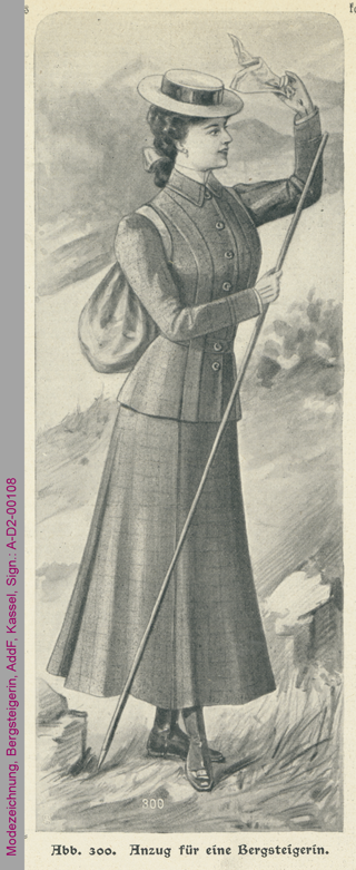 Modezeichnung, Kostüm für eine Bergsteigerin, 1906