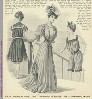 Modezeichnung, Bade- und Strandmode, ca. 1906