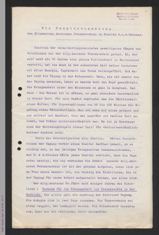 Bericht - Die Hauptversammlung des Allgemeinen Deutschen Frauenvereins in Stettin 3. und 4. Oktober 1917