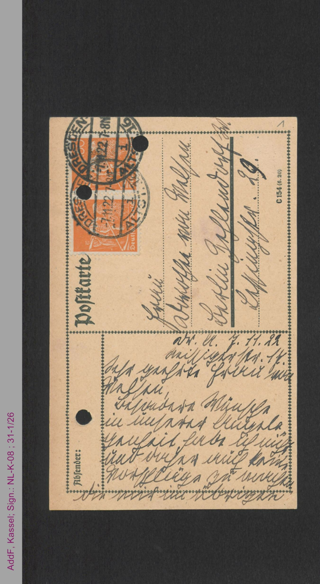Postkarte von Marie Stritt an Dorothee von Velsen