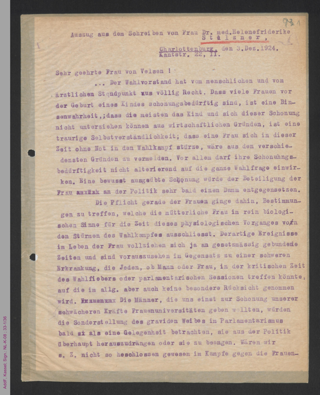 Brief von Helenefriderike Stelzner an Dorothee von Velsen - Auszug