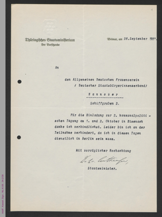 Brief des Thüringischen Staatsministeriums an den ADF