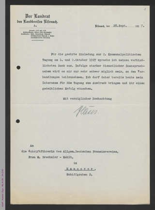 Brief des Landrats des Landkreises Eisenach an den ADF