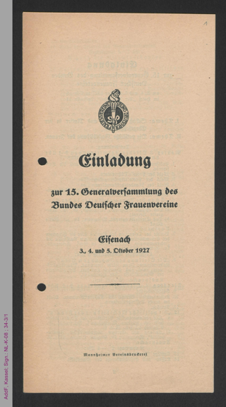 Einladung zur 15. Generalversammlung des Bundes Deutscher Frauenvereine vom 3. bis 5. Oktober 1927 in Eisenach