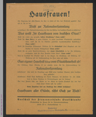 Flugblatt Nr. 8 Ausschuß der Frauenverbände Deutschlands - "Hausfrauen!"