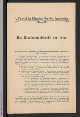 5. Flugblatt des allgemeinen Deutschen Frauenvereins - Das Gemeindewahlrecht der Frau