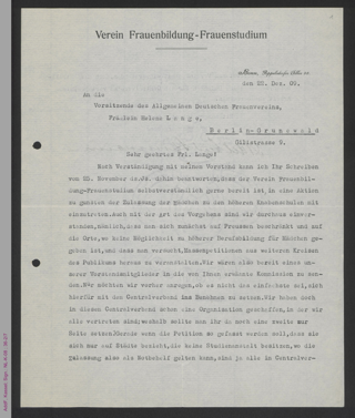 Antwortschreiben von Adelheid Steinmann auf Rundschreiben von Helene Lange vom 25. November