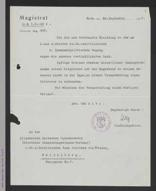 Brief des Magistrats Berlin an den ADF