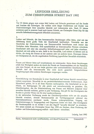 Leipziger Erklärung zum Christopher Street Day 1992