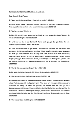 Interview zu Arbeitsbiographie als Erzieherin 1989/90. : Birgit Fischer am 03.04.2019