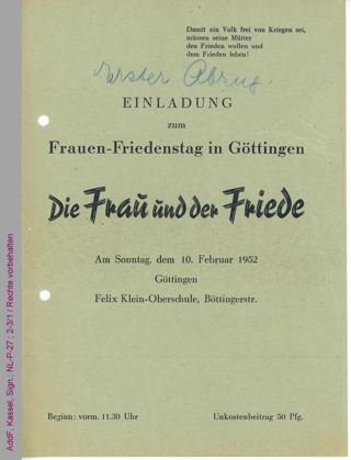 Einladung und Programm zum Frauen-Friedenstag in Göttingen am 10. Februar 1952