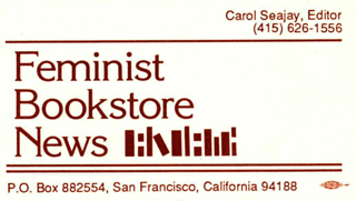 Visitenkarte der Verlegerin einer Frauenbuchhandlungs-Zeitschrift, San Francisco