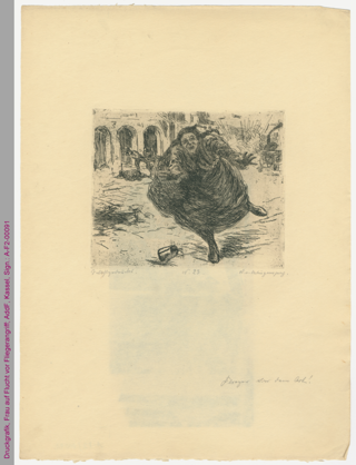 Druckgrafik, Frau auf Flucht vor Fliegerangriff, Erster Weltkrieg