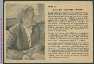 Werbung für Vortrag von Elisabeth Selbert zur Rechtsstellung der Frau, 1949
