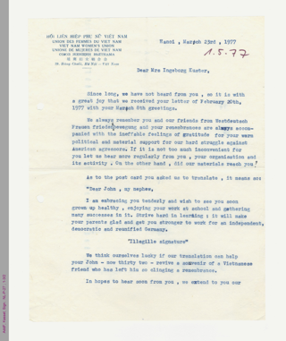 Brief der Union des Femmes du Vietnam an Ingeborg Küster von 1977