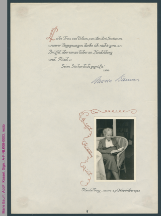 Glückwunschschreiben mit Porträt von Marie Baum an Dorothee von Velsen