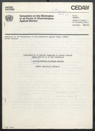 Consideration of Reports Submitted by States Parties Under Article 18 of the Convention : Initial Reports of States Parties ; German Democratic Republic ; CEDAW C/5/Add. 1, 12.11.1982