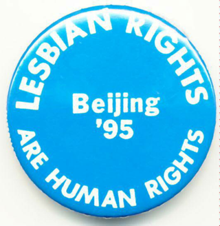 Werbebutton der "International Gay and Lesbian Human Rights Commission" zur Internationalen Frauenkonferenz in Peking