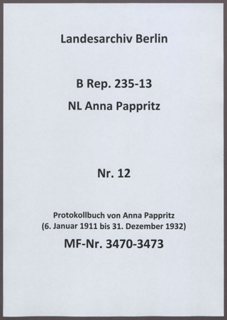 Protokollbuch von Anna Pappritz (6. Januar 1911 bis 31. Dezember 1932)