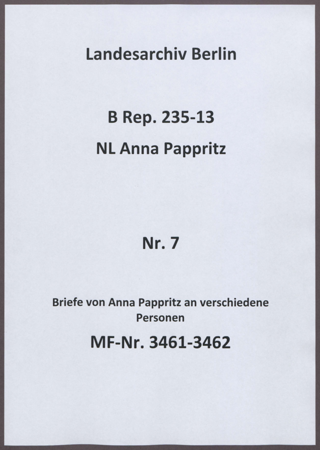 Briefe von Anna Pappritz an verschiedene Personen