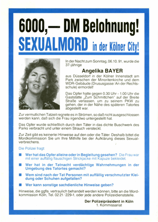 Sexualmord in der Kölner City! 6000,- DM Belohnung