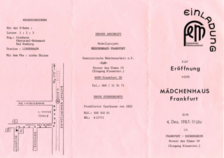 Einladung zur Eröffnung vom Mädchenhaus Frankfurt