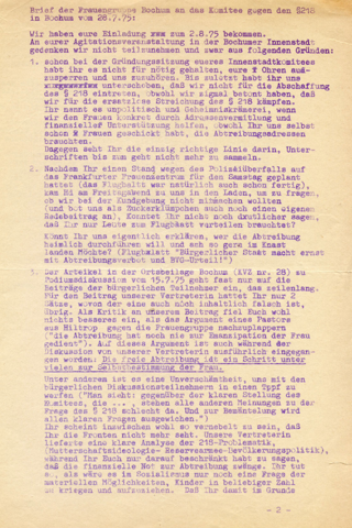 Brief der Frauengruppe Bochum an das Komitee gegen den §218 in Bochum vom 28.07.1975